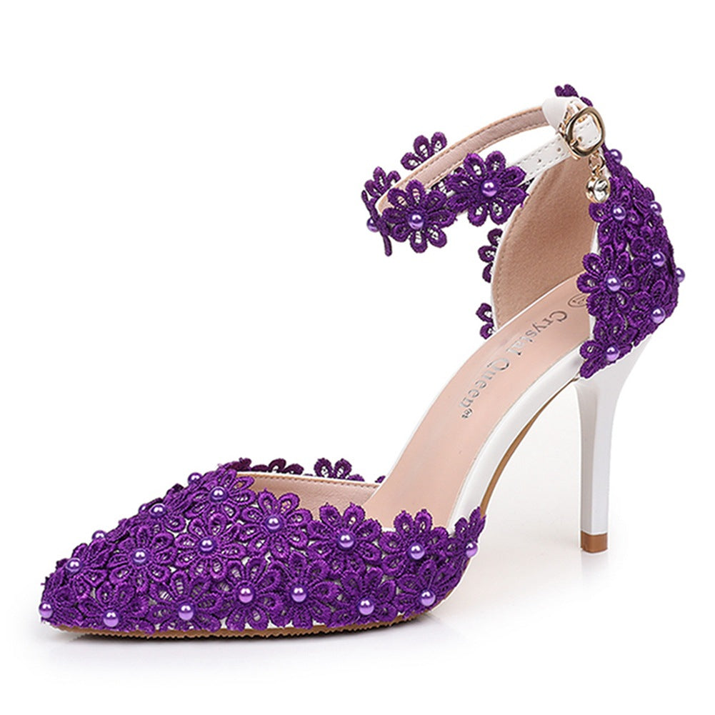 Women's flower lace imitation pearl décor ankle strap wedding heels sandals