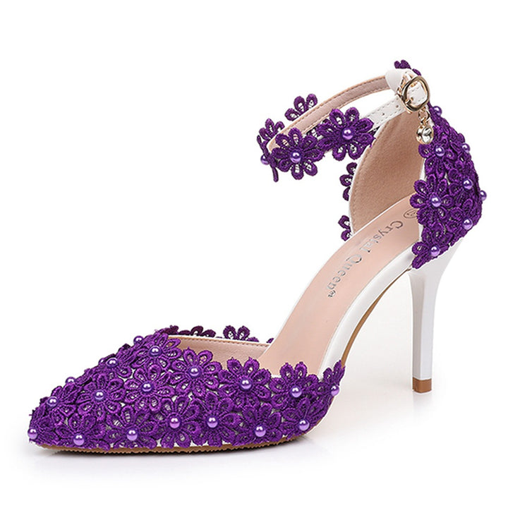 Women's flower lace imitation pearl décor ankle strap wedding heels sandals