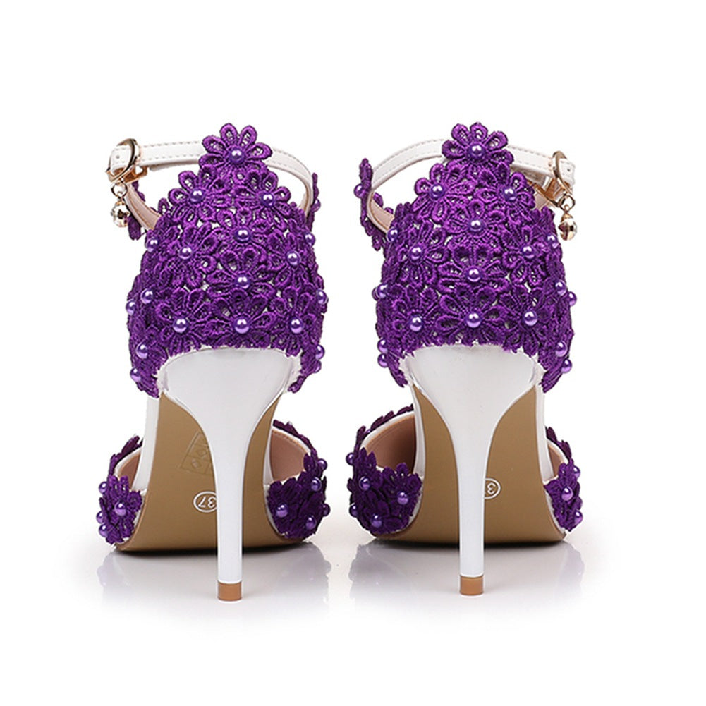 Women's flower lace imitation pearl décor ankle strap wedding heels sandals