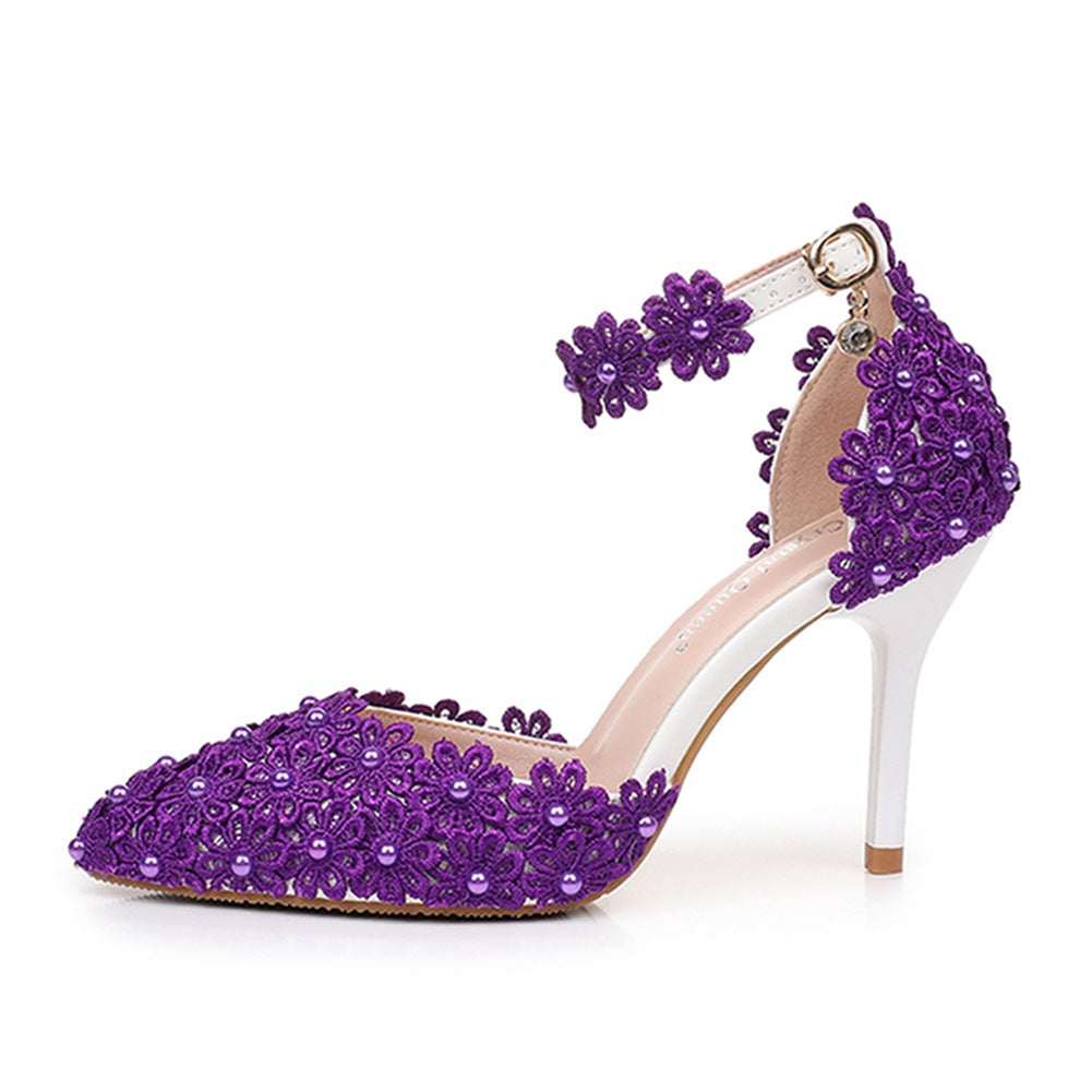 Women's flower lace imitation pearl décor ankle strap wedding heels sandals