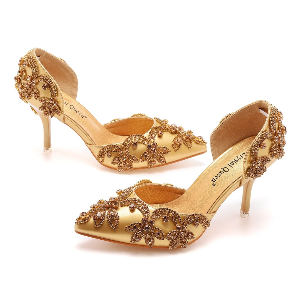 Women's rhinestone wedding heels pointed closed toe d’Orsay pumps for party