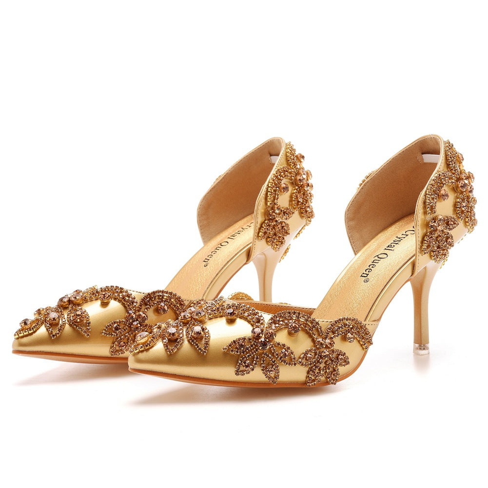 Women's rhinestone wedding heels pointed closed toe d’Orsay pumps for party