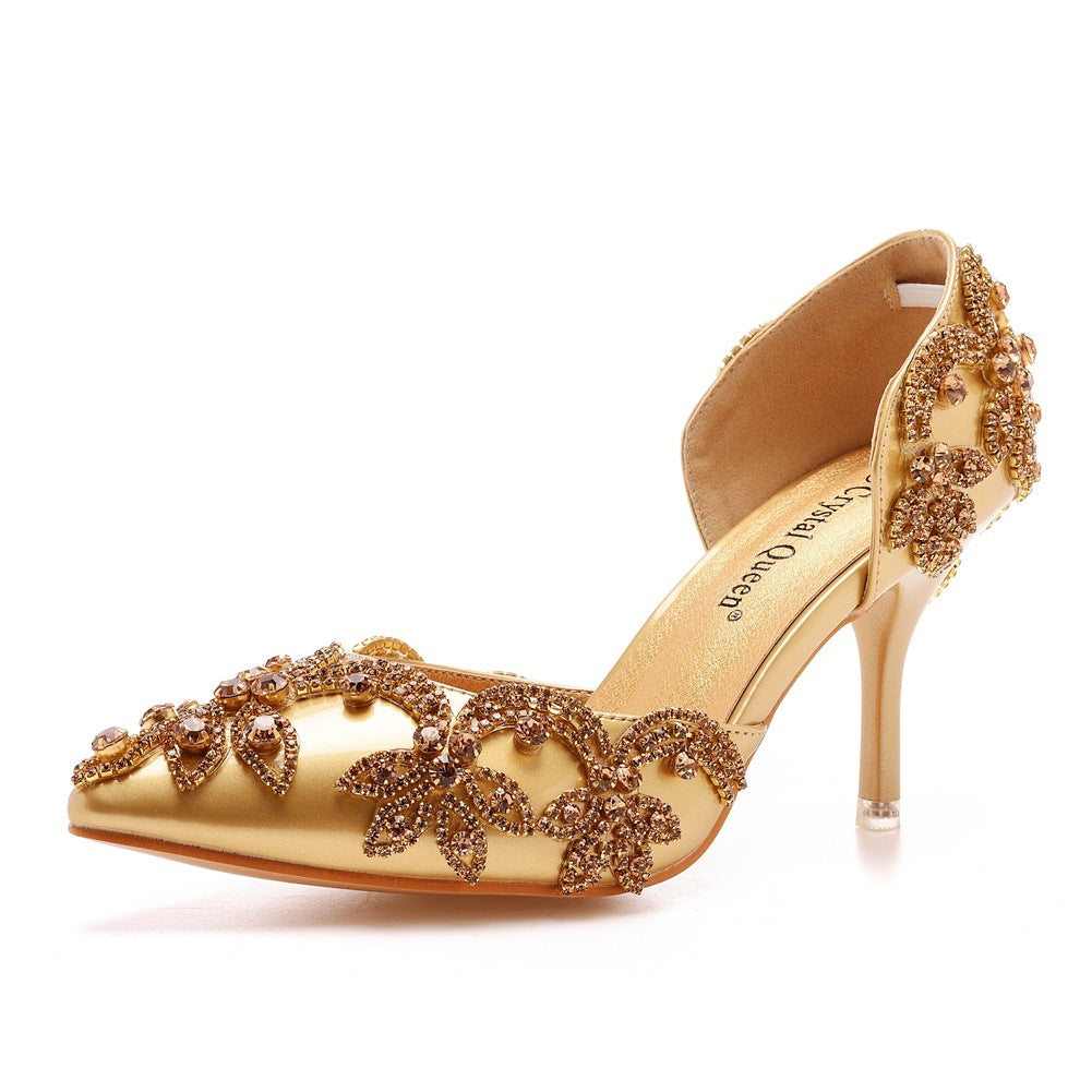 Women's rhinestone wedding heels pointed closed toe d’Orsay pumps for party