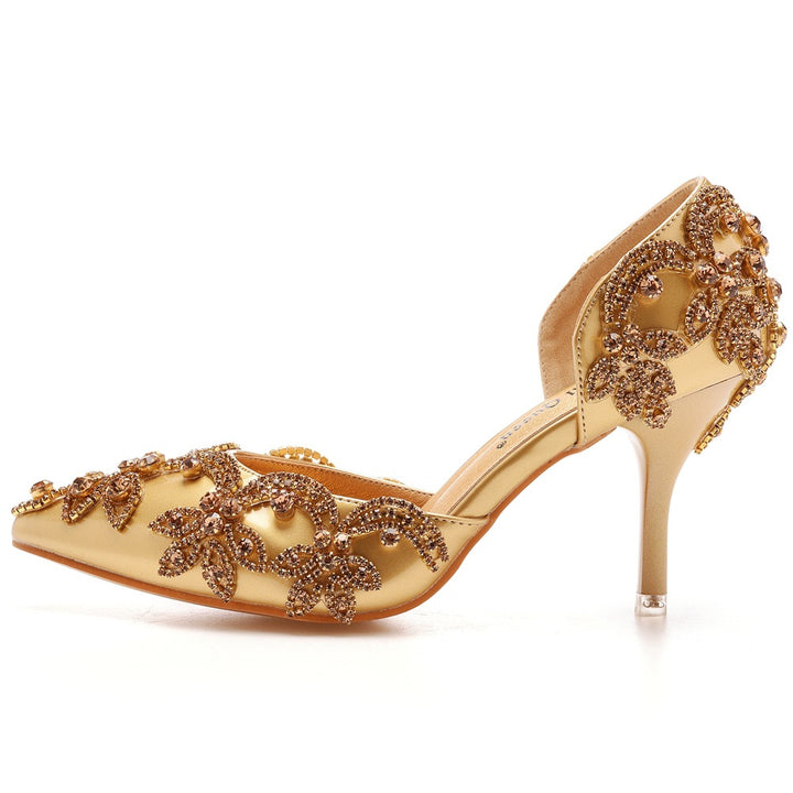 Women's rhinestone wedding heels pointed closed toe d’Orsay pumps for party