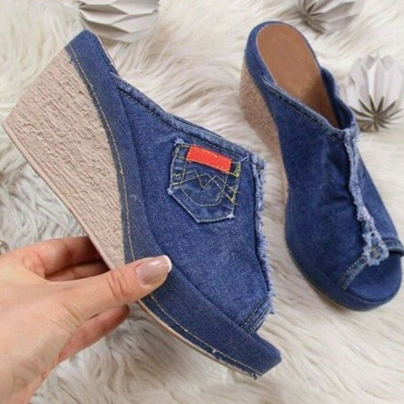 Women’s Denim-Look Peep Toe Wedge Slides – Pocket Detail