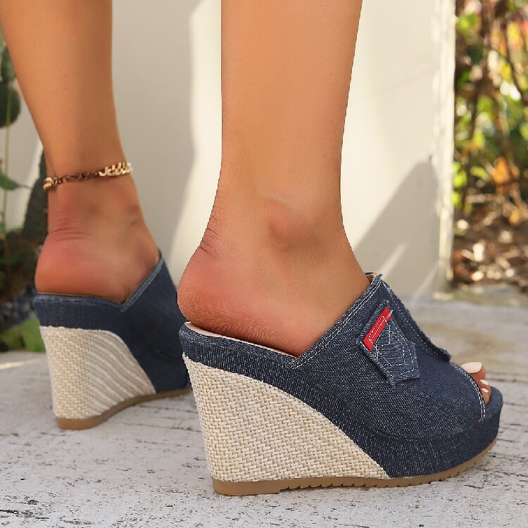 Women’s Denim-Look Peep Toe Wedge Slides – Pocket Detail