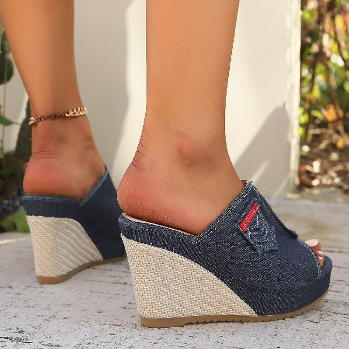 Women’s Denim-Look Peep Toe Wedge Slides – Pocket Detail