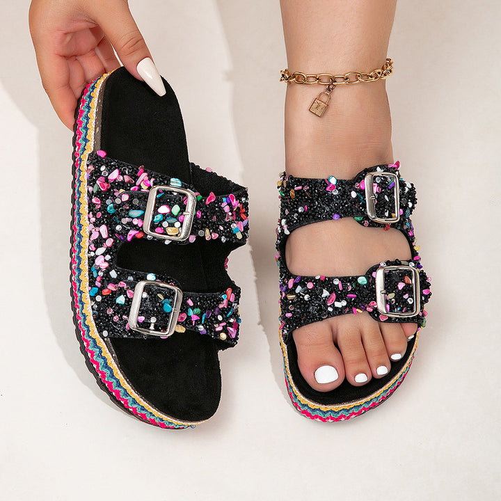 Women’s Rhinestone Platform Slides – Double Buckle Colorful Sole