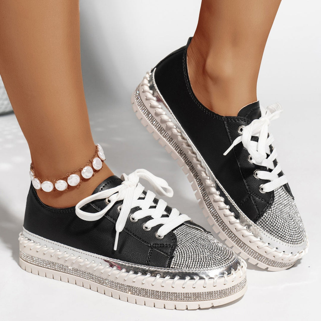 Women’s Rhinestone Platform Sneakers – Lace-Up Metallic Toe Style for Party Looks