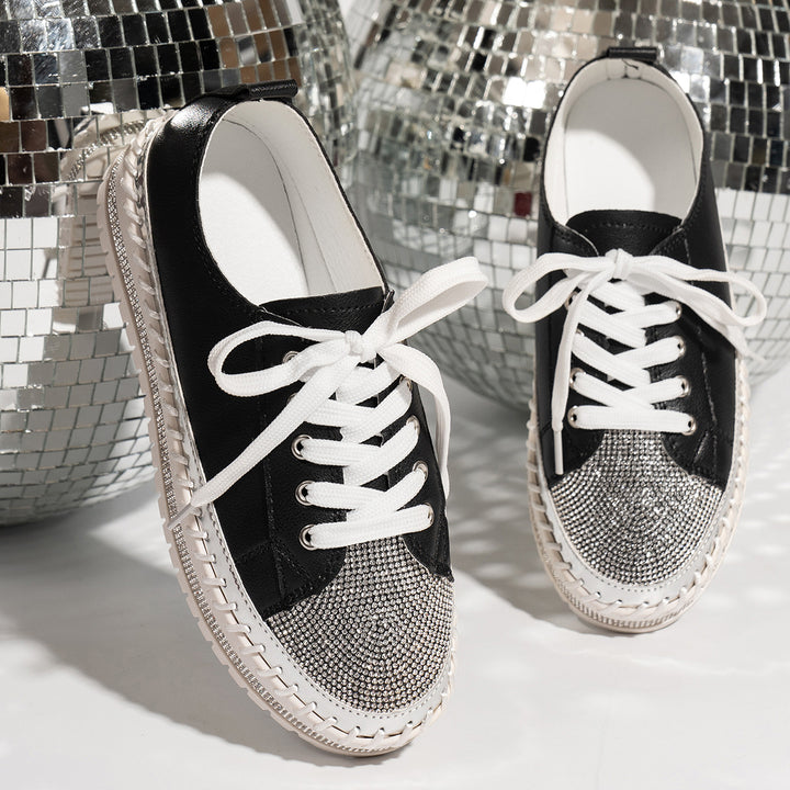 Women’s Rhinestone Platform Sneakers – Lace-Up Metallic Toe Style for Party Looks
