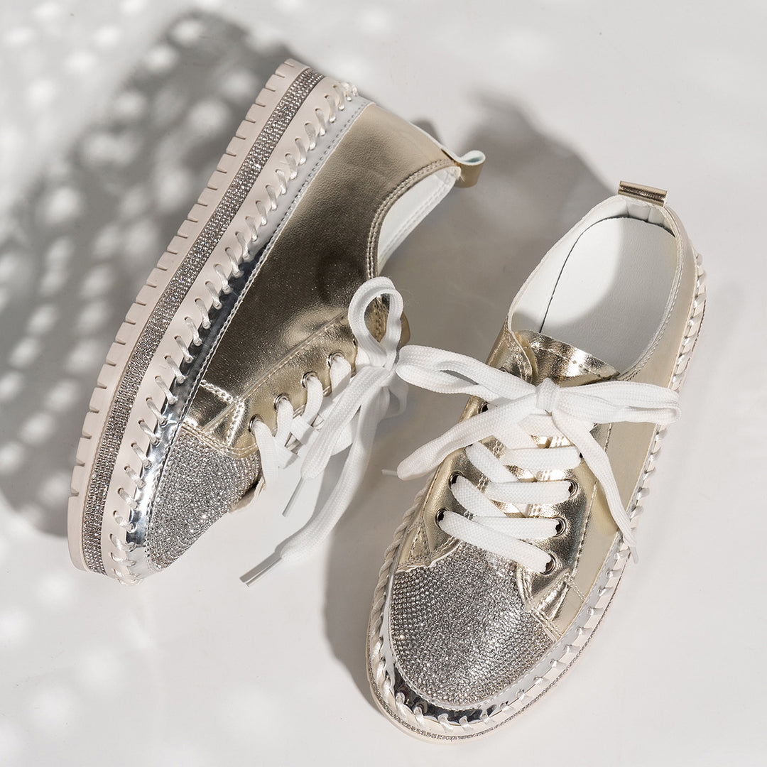 Women’s Rhinestone Platform Sneakers – Lace-Up Metallic Toe Style for Party Looks