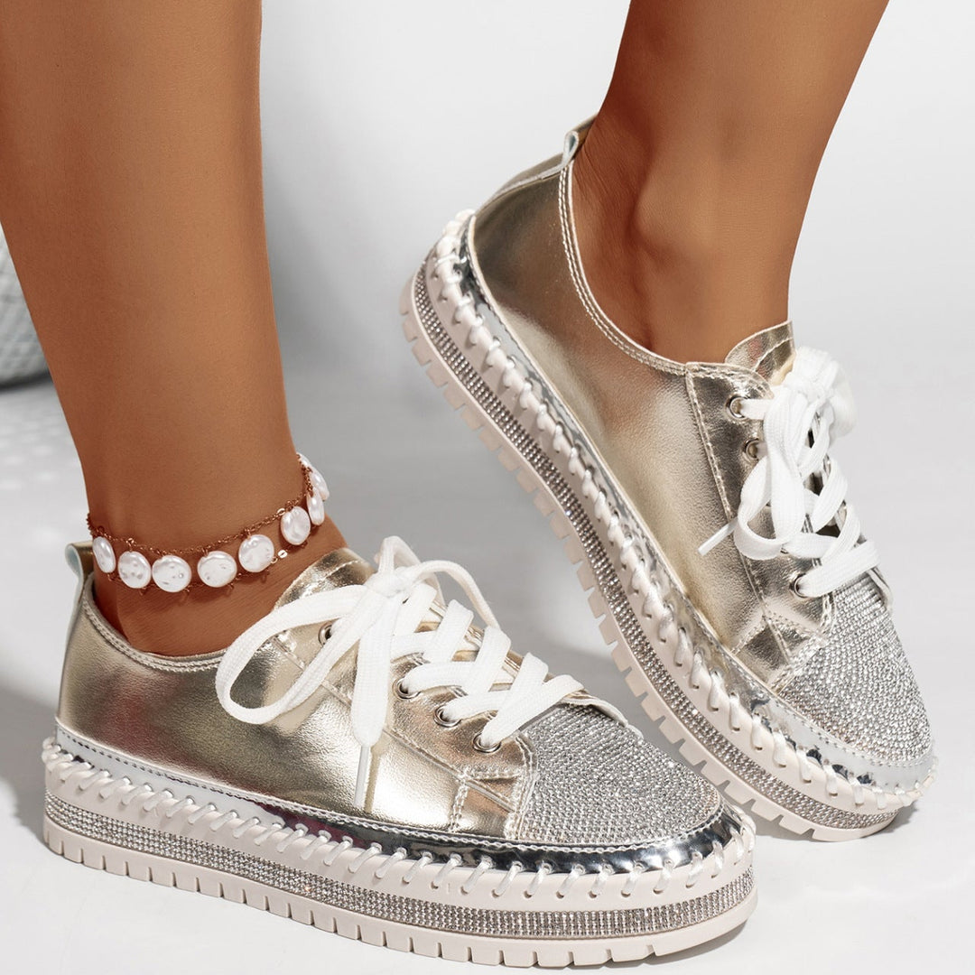 Women’s Rhinestone Platform Sneakers – Lace-Up Metallic Toe Style for Party Looks
