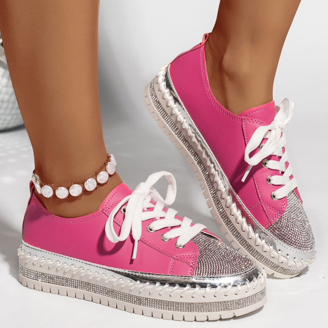 Women’s Rhinestone Platform Sneakers – Lace-Up Metallic Toe Style for Party Looks