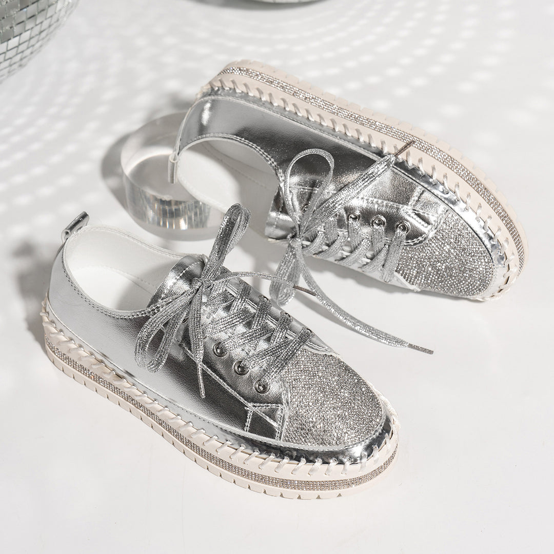 Women’s Rhinestone Platform Sneakers – Lace-Up Metallic Toe Style for Party Looks