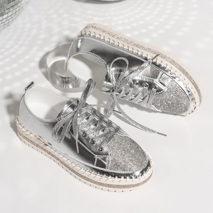 Women’s Rhinestone Platform Sneakers – Lace-Up Metallic Toe Style for Party Looks