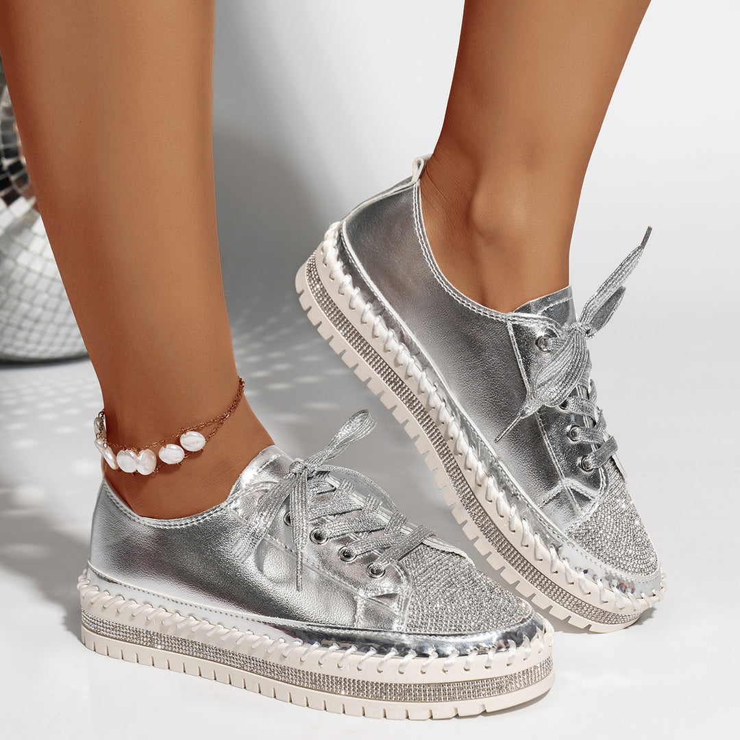Women’s Rhinestone Platform Sneakers – Lace-Up Metallic Toe Style for Party Looks