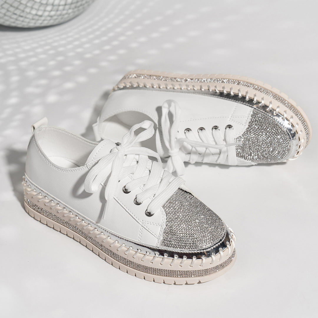 Women’s Rhinestone Platform Sneakers – Lace-Up Metallic Toe Style for Party Looks