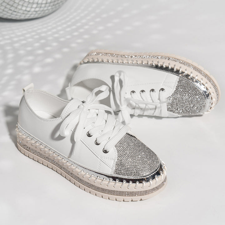 Women’s Rhinestone Platform Sneakers – Lace-Up Metallic Toe Style for Party Looks