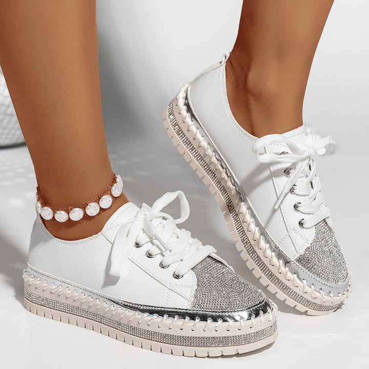 Women’s Rhinestone Platform Sneakers – Lace-Up Metallic Toe Style for Party Looks