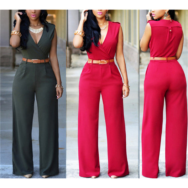 Women's sexy v neck wrap top wide leg trousers jumpsuits with belt