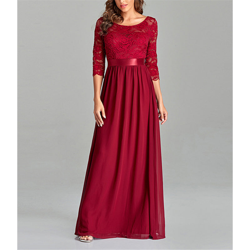 Women's dark red floral lace panel large swing A-line maxi dress party prom banquet bridal dress