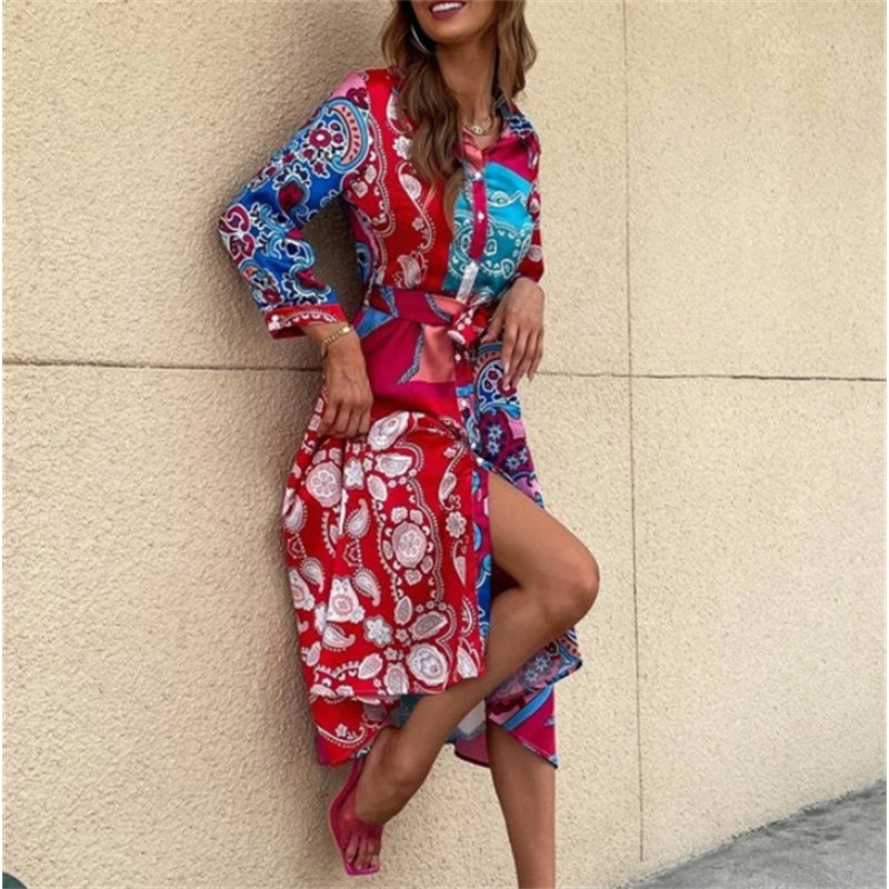 Women's printed turn down collar midi A-line dress with belt long sleeves large swing midi dress for party
