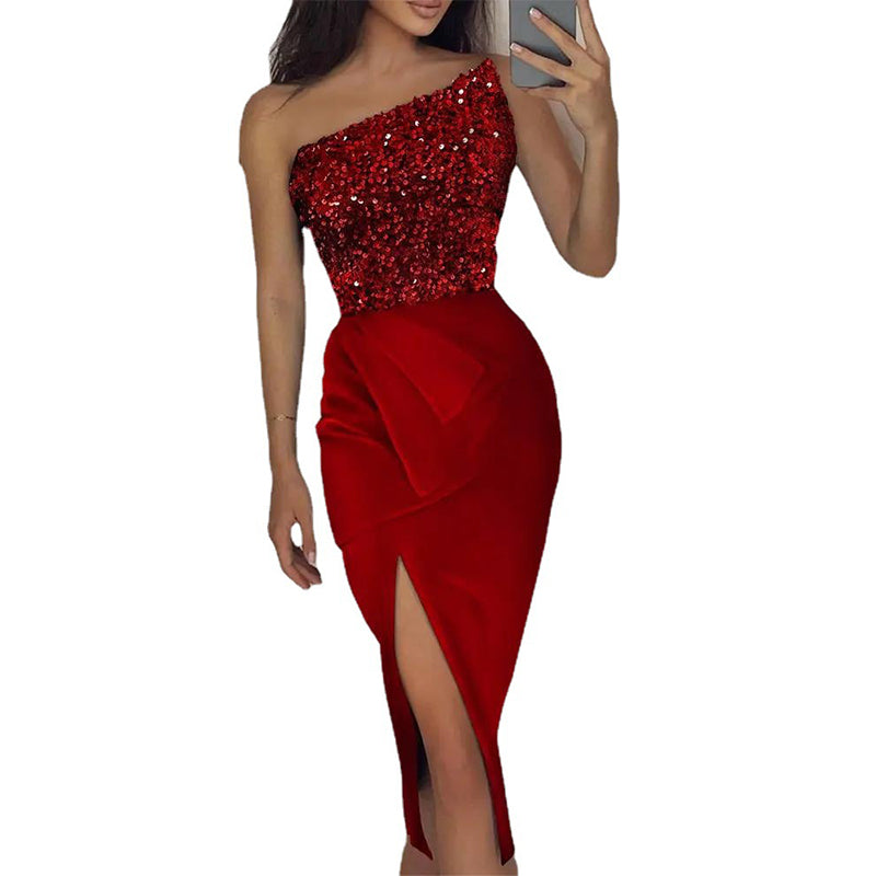 Women's sexy red sequins cold shoulder dress Split hem bodycon midi dress for party