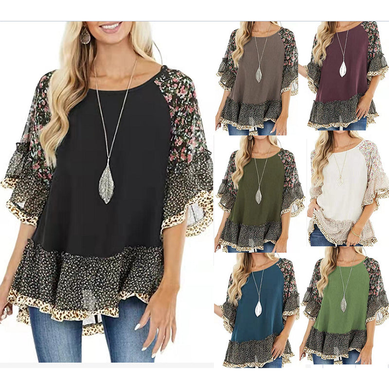 Women's floral printed half sleeves batwing sleeves tops spring summer ruffles pullovers tops