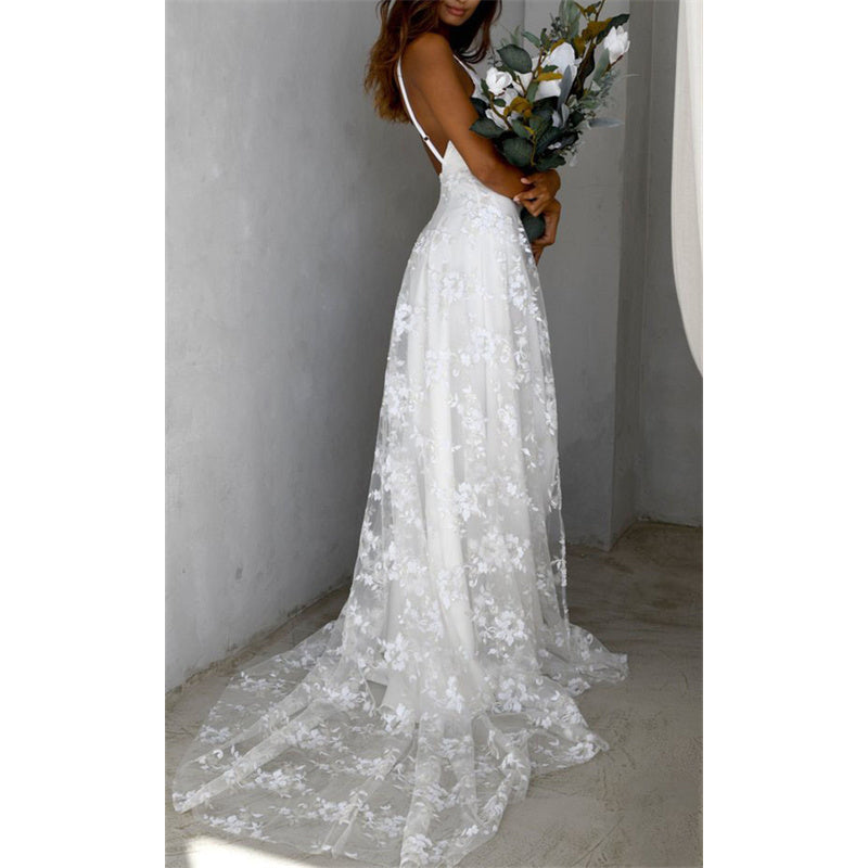 Sexy v neck white lace mesh paghetti strap bridal dress slit hem backless wedding maxi dress