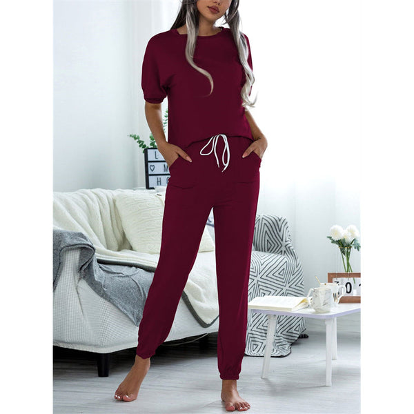 Women's short sleeves tops and elastic waistband 2 pieces sweatsuits