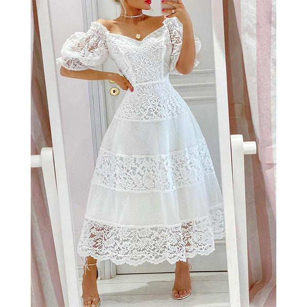 White floral lace cold shoulder A line midi dress Elegant puff sleeves lace patchwork flare dress prom dress