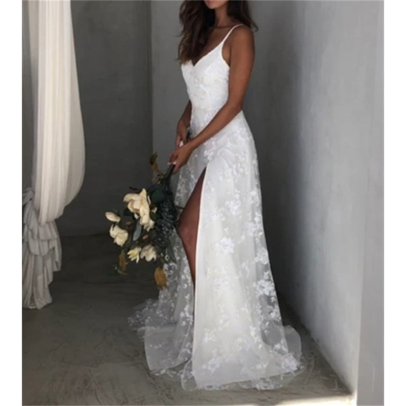 Sexy v neck white lace mesh paghetti strap bridal dress slit hem backless wedding maxi dress