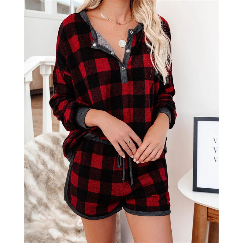 Women's summer plaid 2 pieces short sleeves lounge suits