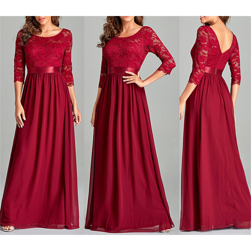 Women's dark red floral lace panel large swing A-line maxi dress party prom banquet bridal dress
