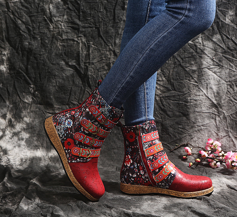 Women's retro floral print ethnic ankle boots boho flat buckle strap boots