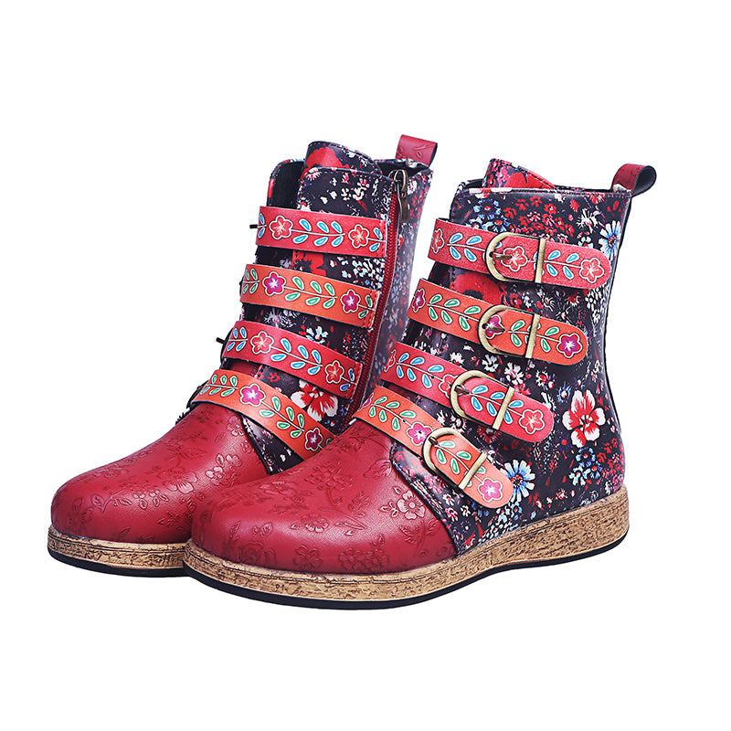 Women's retro floral print ethnic ankle boots boho flat buckle strap boots