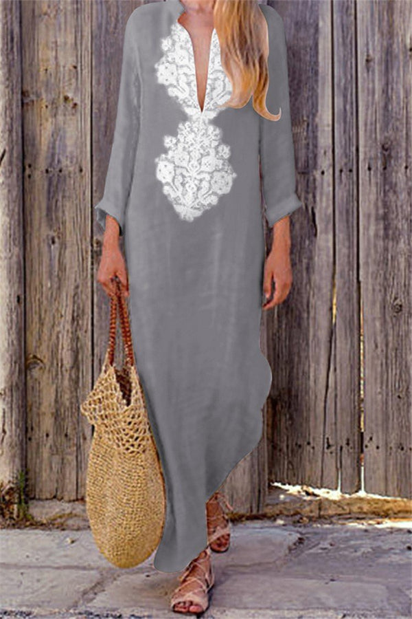 Vintage V Neck Long Sleeve Cotton Line Dress - fashionshoeshouse