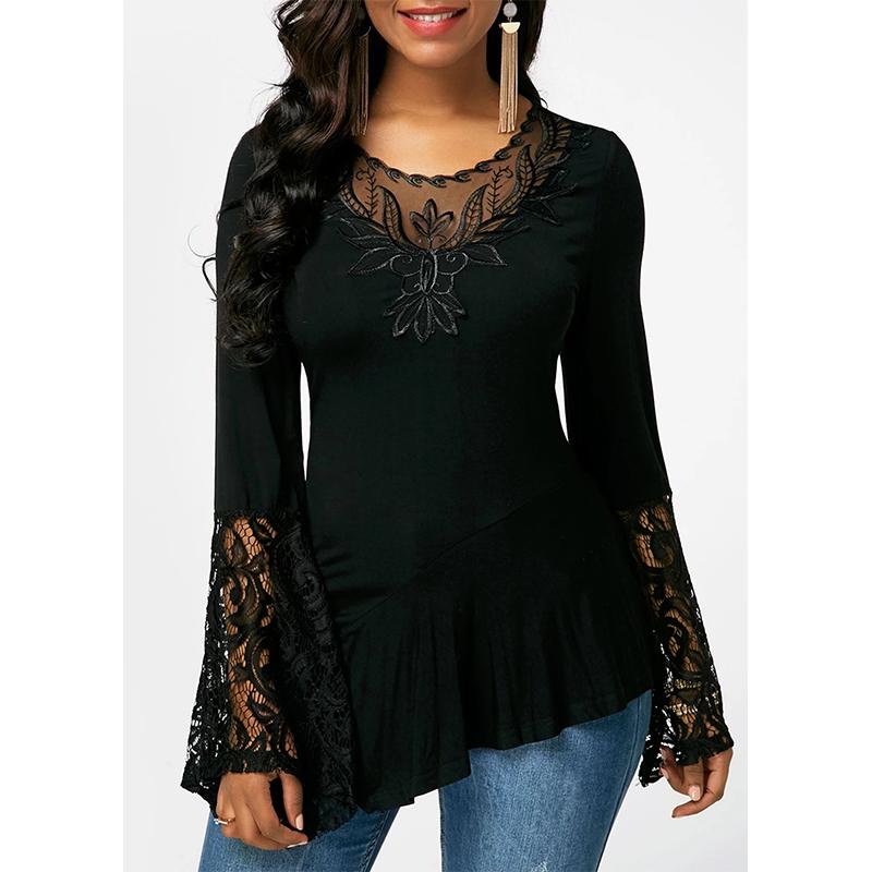 Women's lace trim flare long sleeves blouse | elegant slim fit pullovers