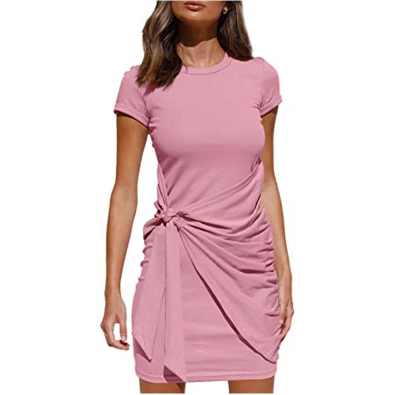Women's summer bowknot belted ruched bodycon dress