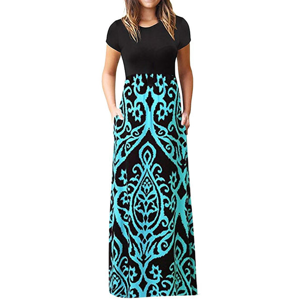 Women's summer casual short sleeves printed A line maxi dress with pockets