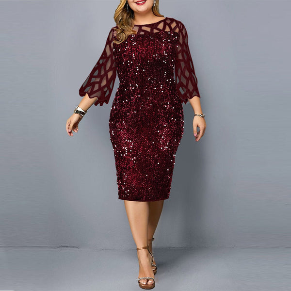 Sequin plus size bodycon banquet formal evening dress | 3/4 sheer sleeves party dress