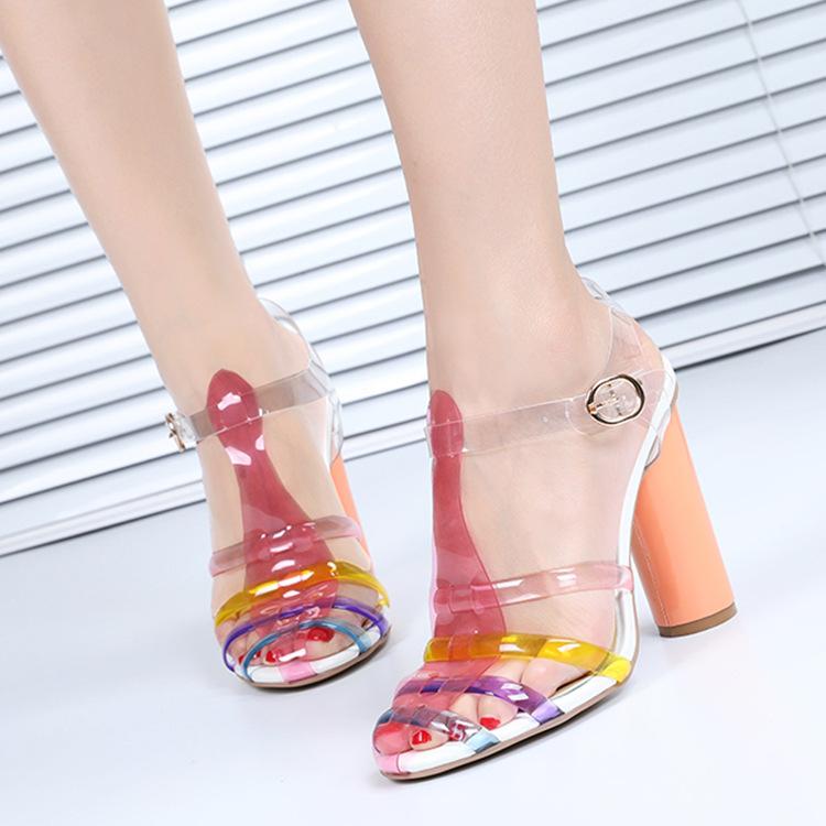 Women's clear closed toe sandals ankle strap buckle chunky high heels sandals