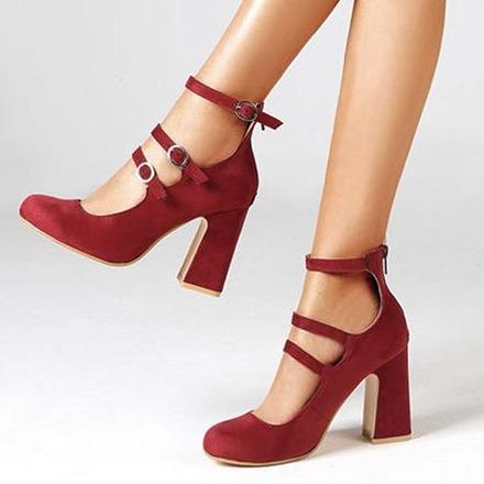 Women's closed toe chunky high heel ankle strap buckles sandals 2 buckle bands