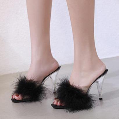 Women's fashion fuzzy peep toe slip on high heels