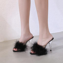 Women's fuzzy slip on peep toe clear heels