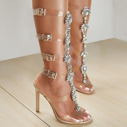Women's rhinestone clear strappy gladiator sandals boots