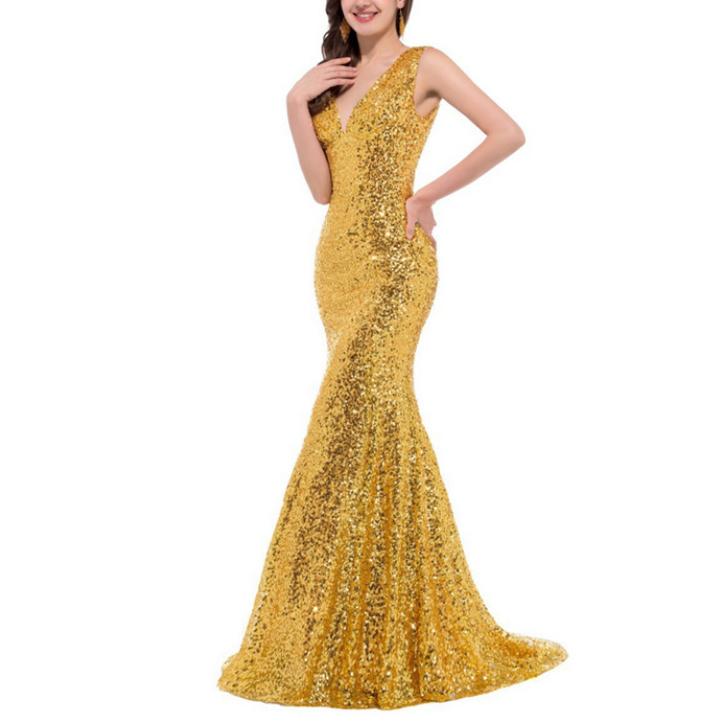Sequin shiny sexy v neck mermaid dress | Evening prom gown dress