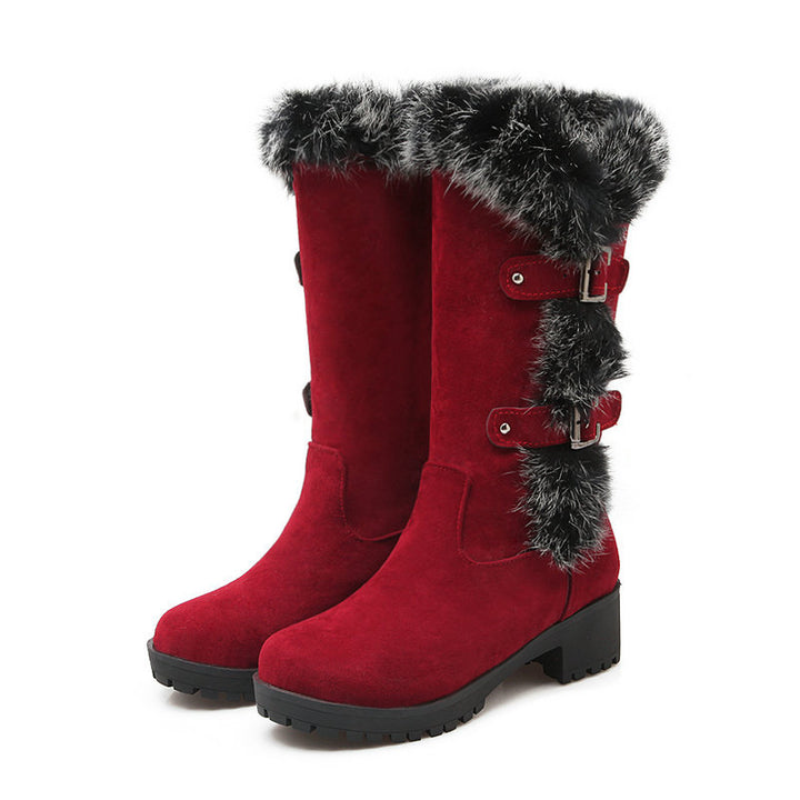 Furry mid calf snow boots faux suede boots with fuzzy trim