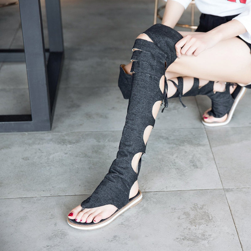 Women's denim over the knee lace-up gladiator sandals