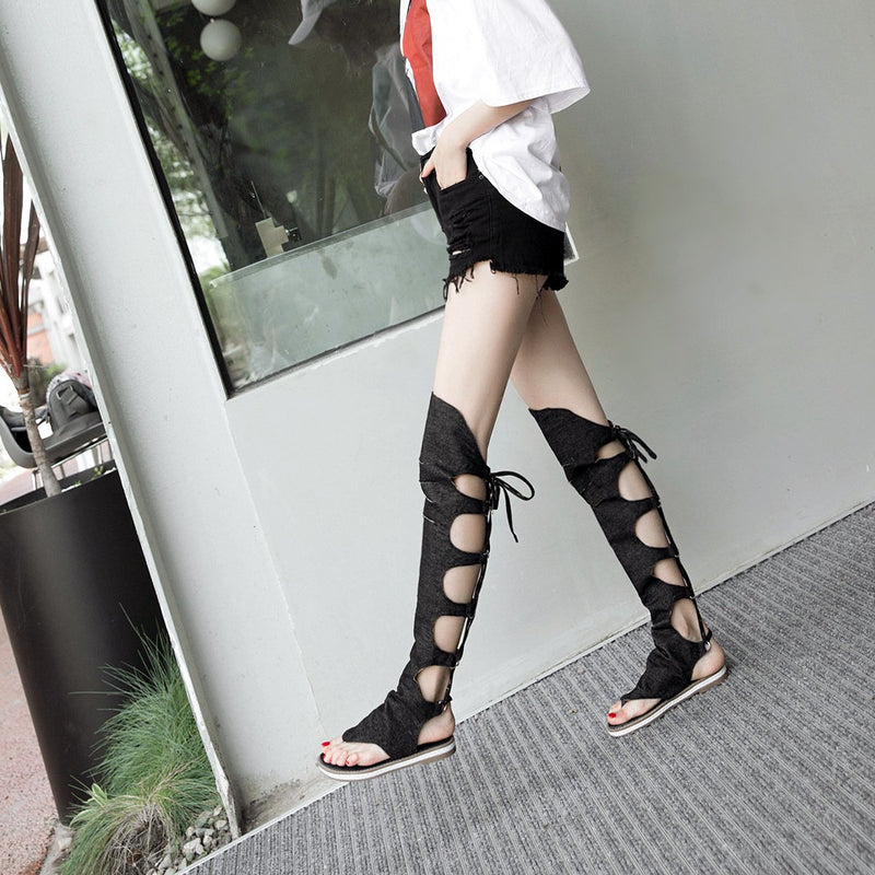 Women's denim over the knee lace-up gladiator sandals